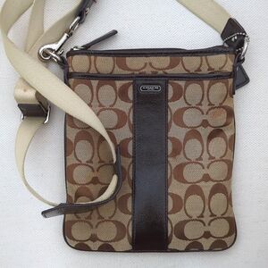 COACH Signature Stripe Crossbody Bag Canvas Patent Leather Brown Shoulder Purse